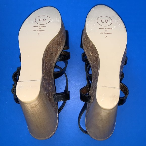 CYNTHIA VINCENT BLACK STRAP CORK WEDGE PLATFORM SHOES SIZE 7 - Picture 6 of 6